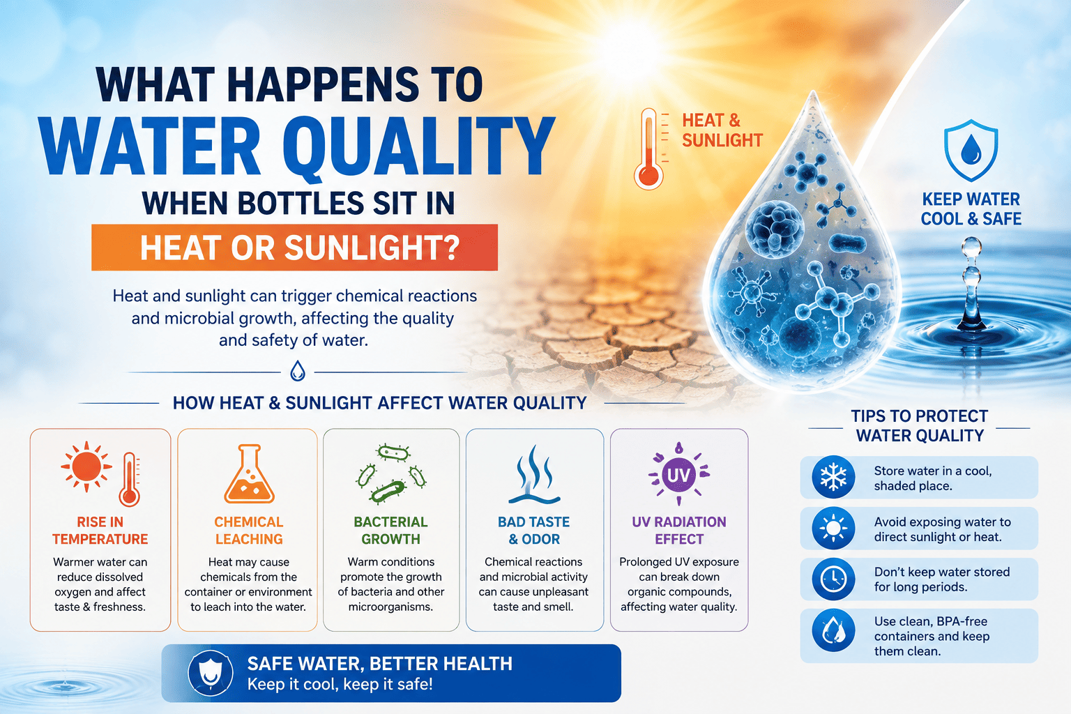 Plastic water bottle exposed to heat and sunlight affecting water quality