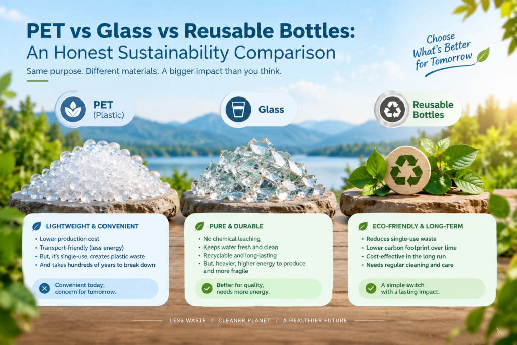 PET vs Glass vs Reusable Bottles: An Honest Sustainability Comparison